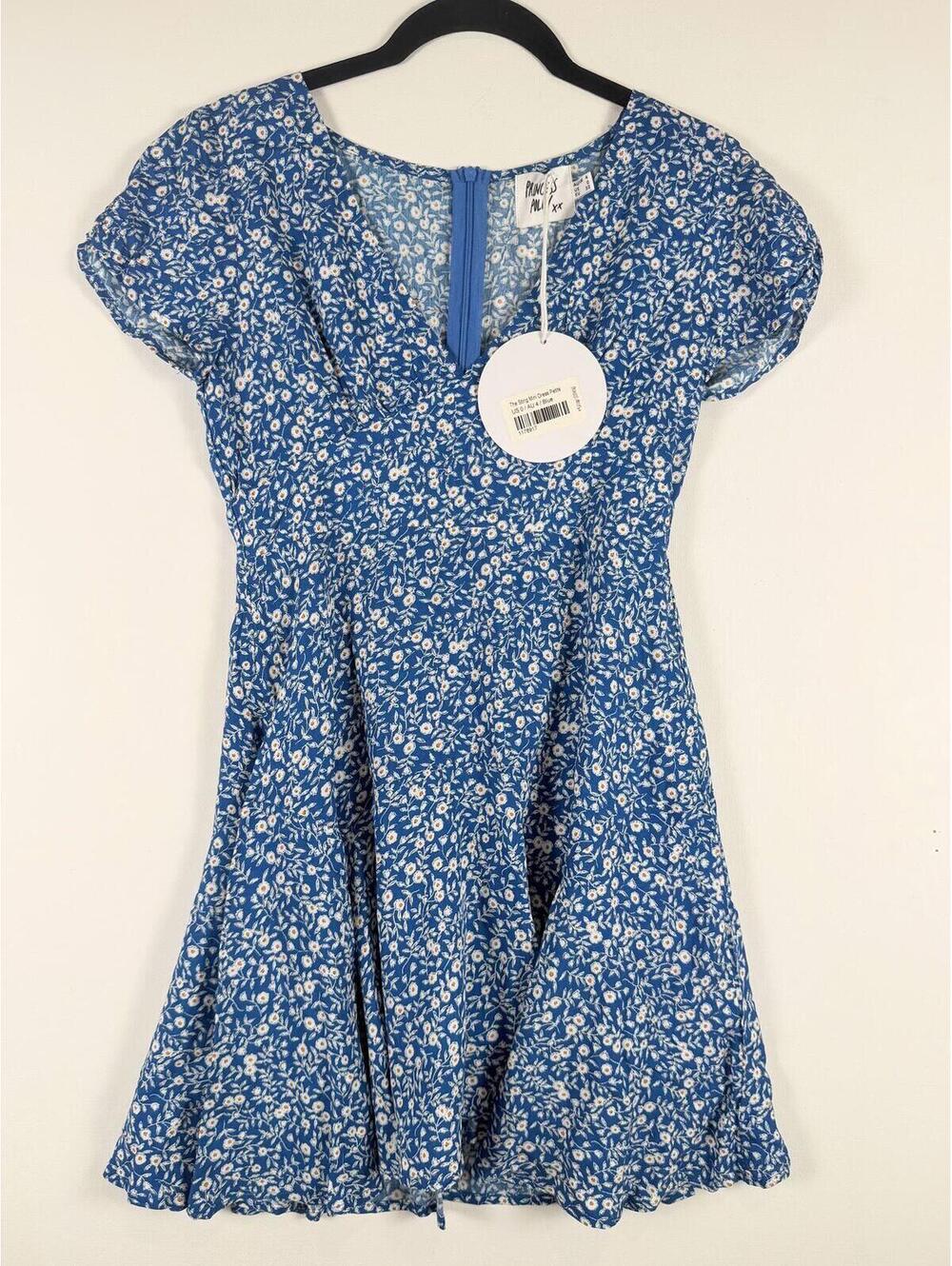 NEW Princess Polly The Sting Mini Dress Blue White Floral Ruffle Hem Size 0